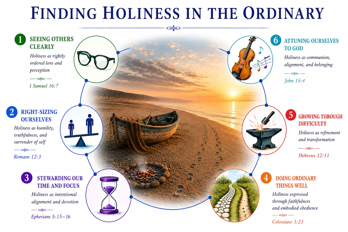 Finding Holiness in the Ordinary: six themes arranged in a circle around beach and boat cover art