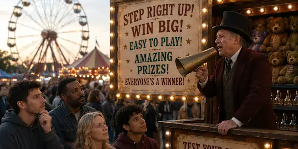 A carnival barker calling to a crowd beside a brightly lit prize booth